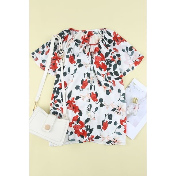 ABPHQTO Camisa De Mujer De Manga Corta Con Volantes Y Botones Con Estampado Floral Blanco