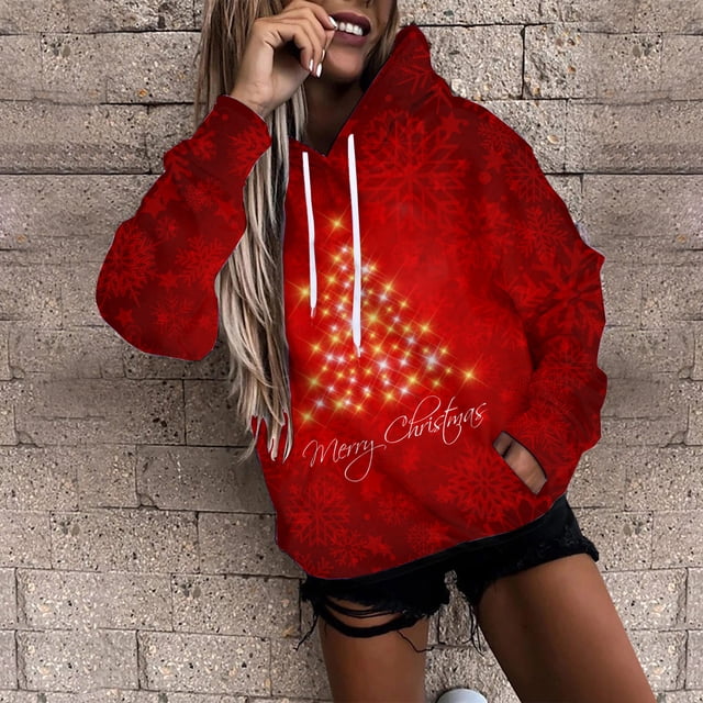 Pull de Noël à Capuche pour Femmes en Solde Mode Imprimé Pull Manches Longues Blouse Sweat-Shirt