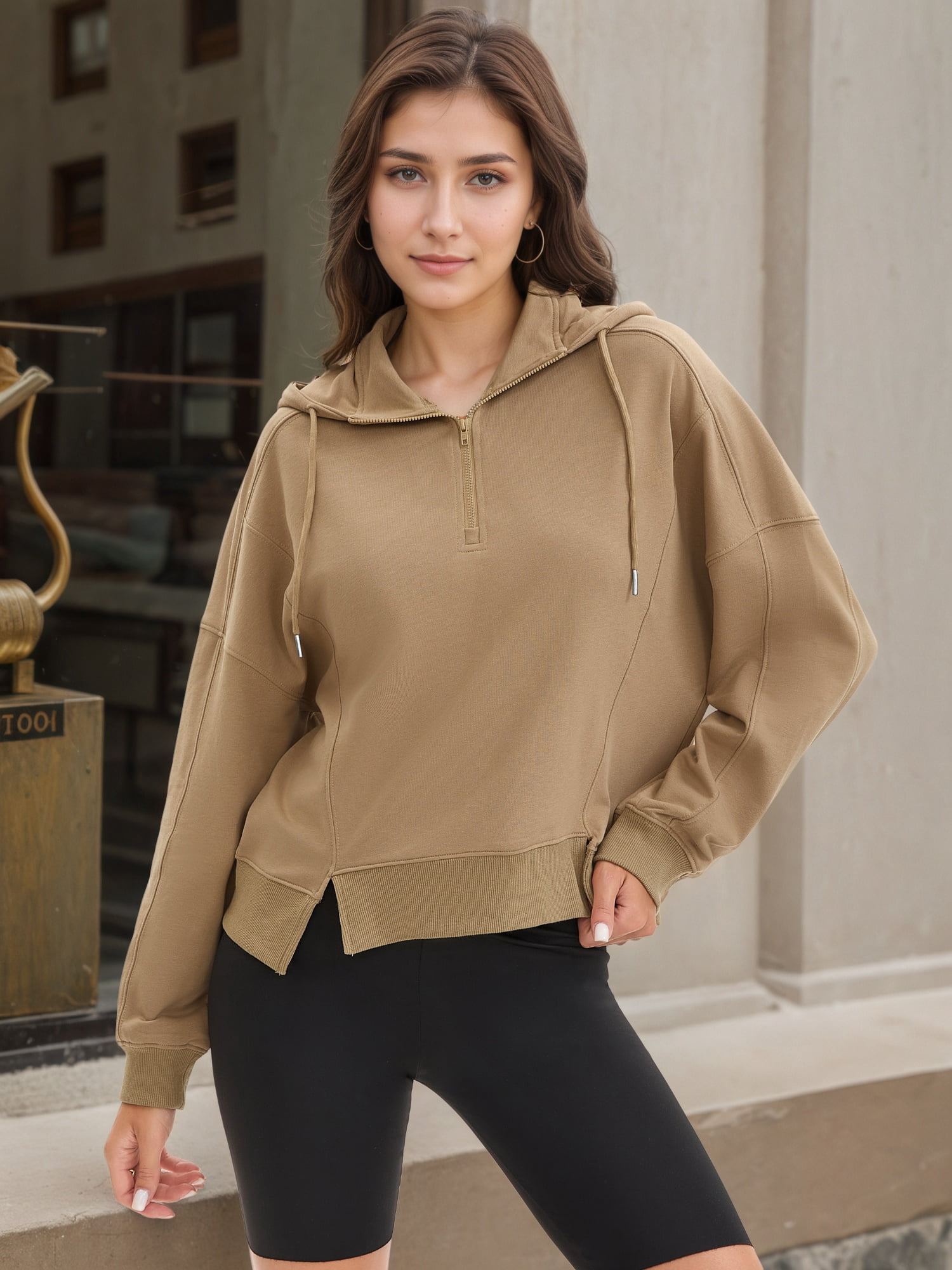 DARING DIVA Women's Stylish Cropped Half Zip Hoodie with Trendy Side Slits XL Khaki