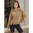 thumbnail image 2 of DARING DIVA Women's Stylish Cropped Half Zip Hoodie with Trendy Side Slits L Khaki, 2 of 7