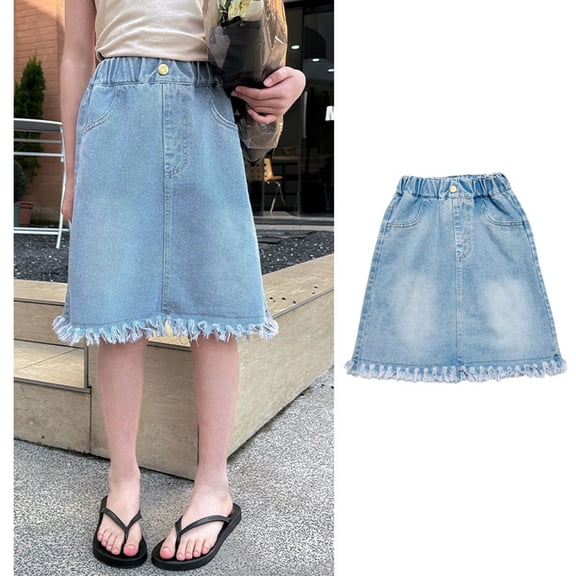 Girls A-line Jean Skirt Knee Length Denim Skirt with Pockets High Waisted Plain Denim Skirt with Raw Hems Girls Fashion Skirts (Blue)