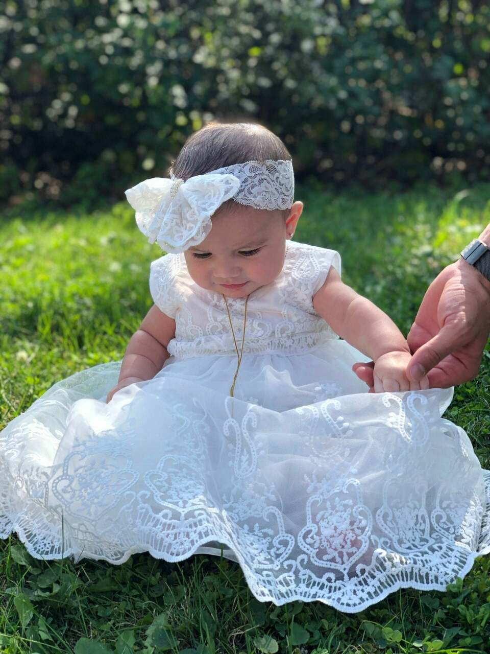 Baby Flower Girls White Organza 2 Pc Dress Gown Christening Baptism Bonnet New 