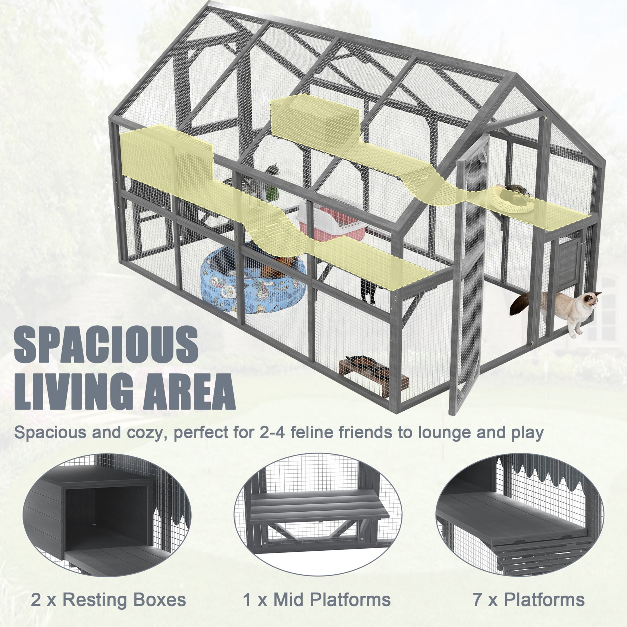 Noble House Outdoor Cat Enclosure, Wood Catio with 7 Platforms, 2 Bridges, and 2 Resting Boxes, Waterproof Canopy, Gray