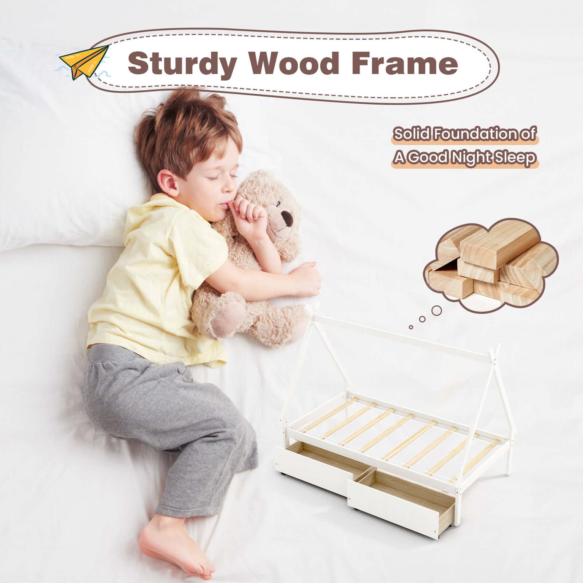 Costway Twin Size Wooden House Bed with 2 Drawers Roof Storage for Boys & Girls White