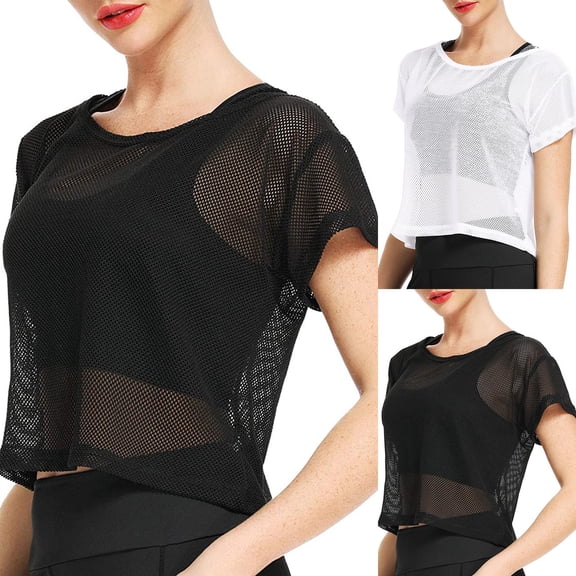 Xmyrz Women's Mesh Top Sheer Fishnet Net Crewneck Short Sleeve Crop Tops Cover Up Casual Summer Tee