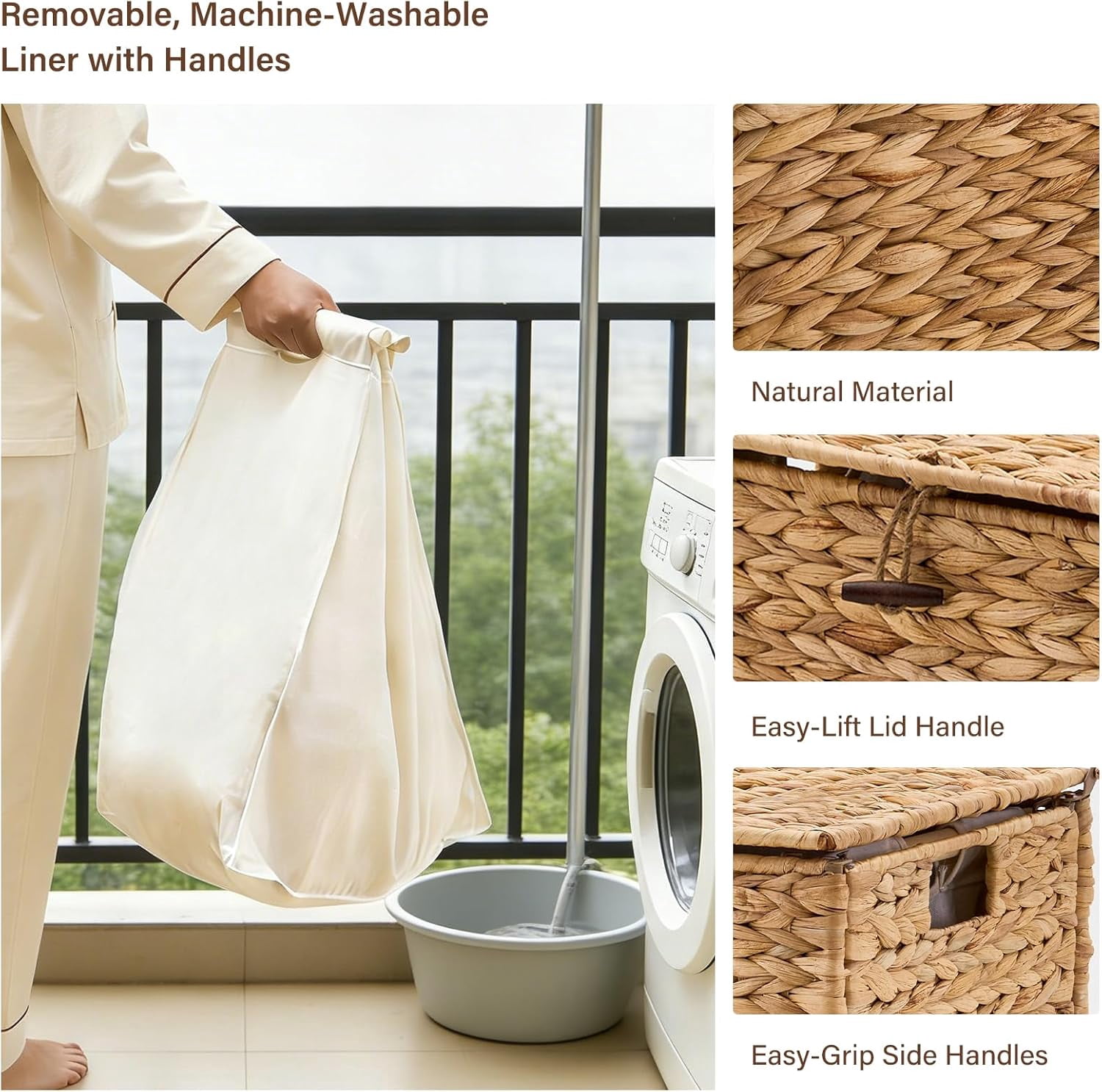 Casa Pura Furniture 90L Natural Hand-Woven Water Hyacinth Laundry Hamper with Wheels, Lid & Removable Washable Liner, Clothes Storage Basket for Bathroom & Laundry Room