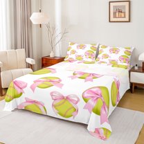 Feelyou Princess Pink Bow-tie Full Size Sheets for Teens, Cartoon Softball Print Bed Sheets, Cute Ball Print Sheet Sets, Ultra Soft Bedroom Decor, 4pcs