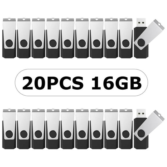 USB Flash Drive 16GB 20 Pack, Bulk USB 2.0 Flash Drives Thumb Drive Swivel Memory Stick Jump Drive Pen Drive（ Black, 16GB*20 BACK)