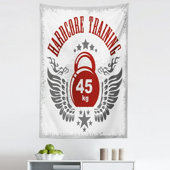 Fitness Tapestry, Bodybuilding Themed Emblem in Vintage Style Hardcore Training Wings Stars, Fabric Wall Hanging Decor for Bedroom Living Room Dorm, 5 Sizes, Red White Grey, by Ambesonne