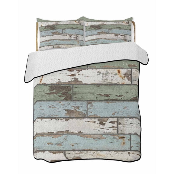 Quilts King Size Bedding Set, Sage Green Blue Lightweight Quilted Comforter, Vintage Shabby Farmhouse Wooden Soft Reversible Bedspread Coverlet with Pillow Covers for All Season, 96" x 106"