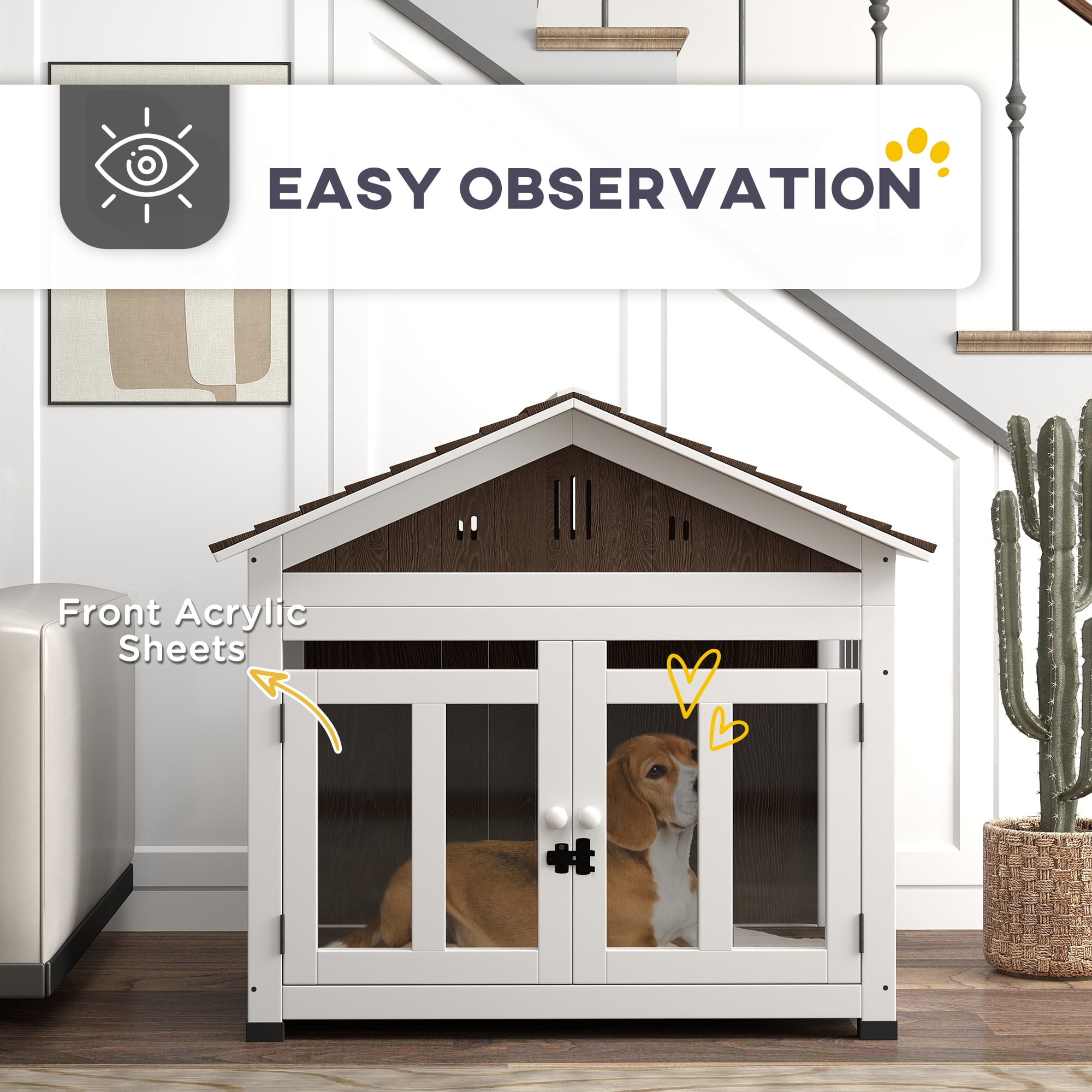 PawHut 40"L Dog House Outdoor Indoor, Wooden Dog Kennel for Small, Medium, Large Dogs, with Air Vents & Elevated Removable Floor, Magnetic Doors