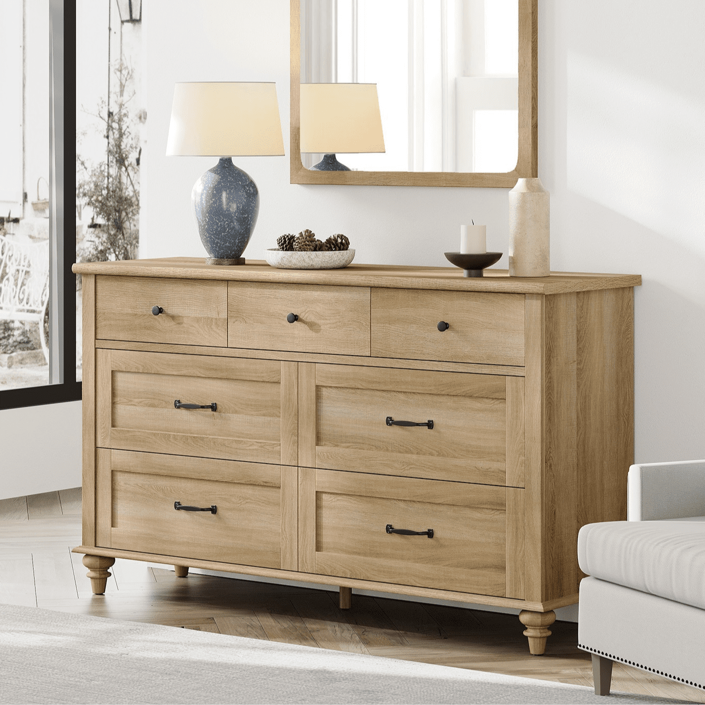 Oak 7 Drawer Dresser for Bedroom, Wooden Chest of Drawers for Living Room