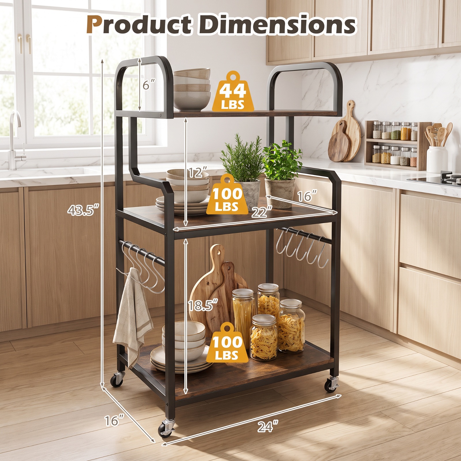 Furnibear 3-Tier Rolling Printer Stand Home Office Large Printer Cart with Storage Shelves for Home Office Printer Machine Under Desk, Rustic Brown
