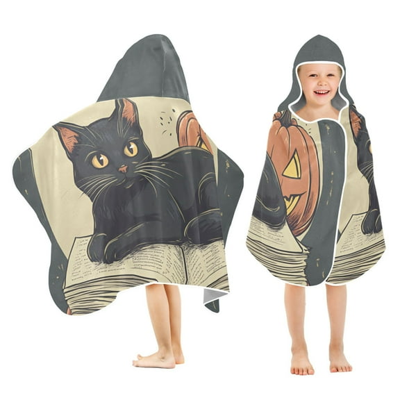 Yayeee Kids Hooded Towels Toddler Soft Absorbent Beach Bathing Wrap 50" x 23.5", Black Halloween Cat