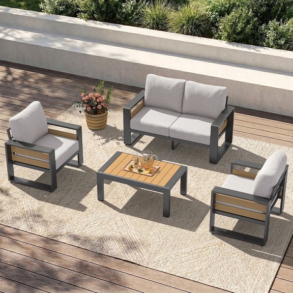 Clouddwell 4-Seats Aluminum Patio Furniture Set, Outdoor Metal Sofa Conversation Set with Coffee Table for Pool Garden Porch Backyard, Light Gray