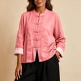 thumbnail image 5 of Nmnitkp Women's Cotton Linen Mandarin Collar Shirt Frog Button Contrast Cuffs Long Sleeve Loose Casual Top with Pockets for Fall Daily Work Loungewear Pink,M, 5 of 6
