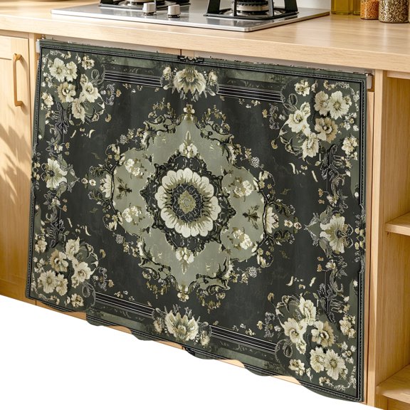 Cabinet Curtain 35''W x 35''L, Sage Green Grey Boho Under Sink Curtain Drapes, Vintage Ethnic Geometric Abstract Self Adhesive Cabinet Skirt for Kitchen/Bathroom Vanity/Laundry Room/Open Shelf/Pantry