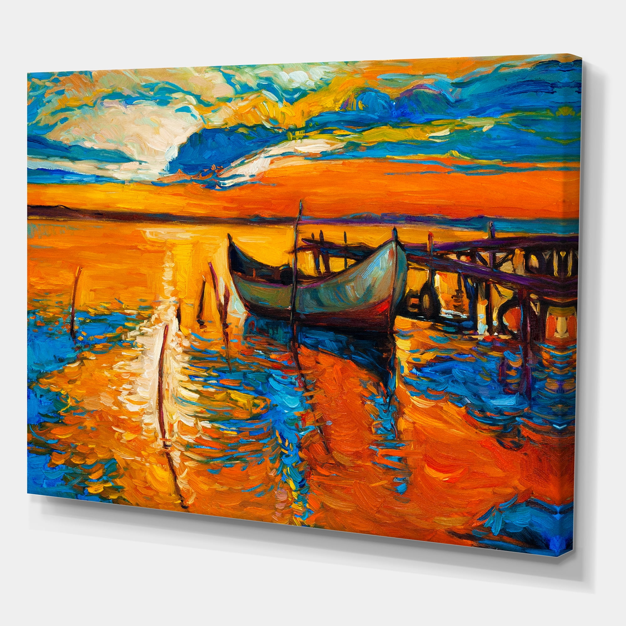 Designart ' Boat At The Lake During Evening Glow VII ' Nautical & Coastal Canvas Wall Art Print