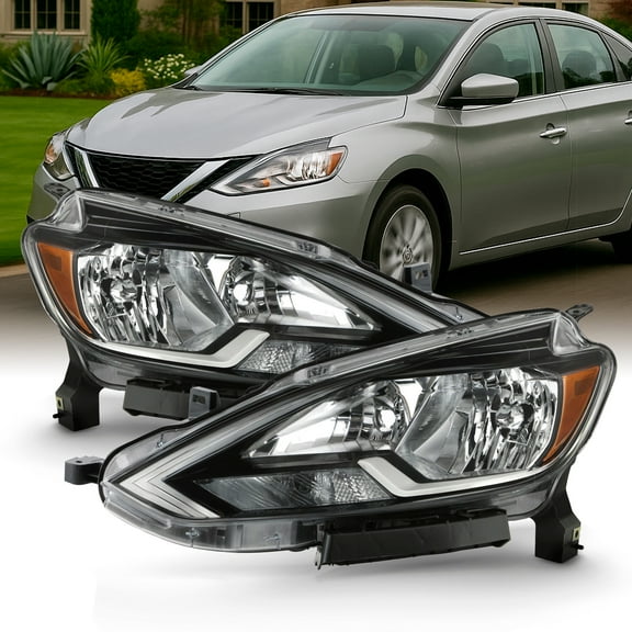 AKKON - Fits 2016 2017 2018 2019 Sentra [Halogen Type] Headlights w/ Chrome bezel Pair Headlamps Driver Left   Passenger Right