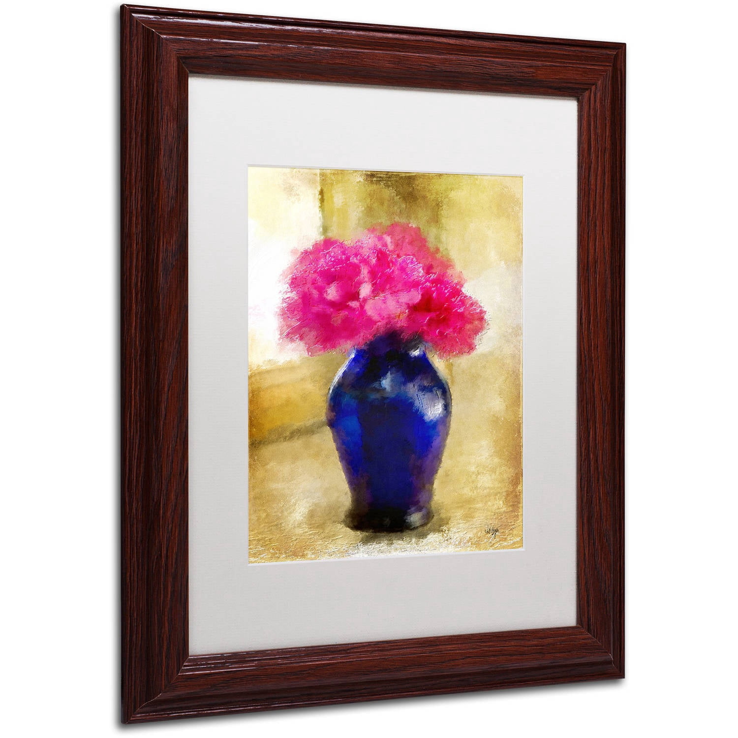 Trademark Fine Art "Pink Carnations in Cobalt Blue Vase" Canvas Art by Lois Bryan White Matte, Wood Frame