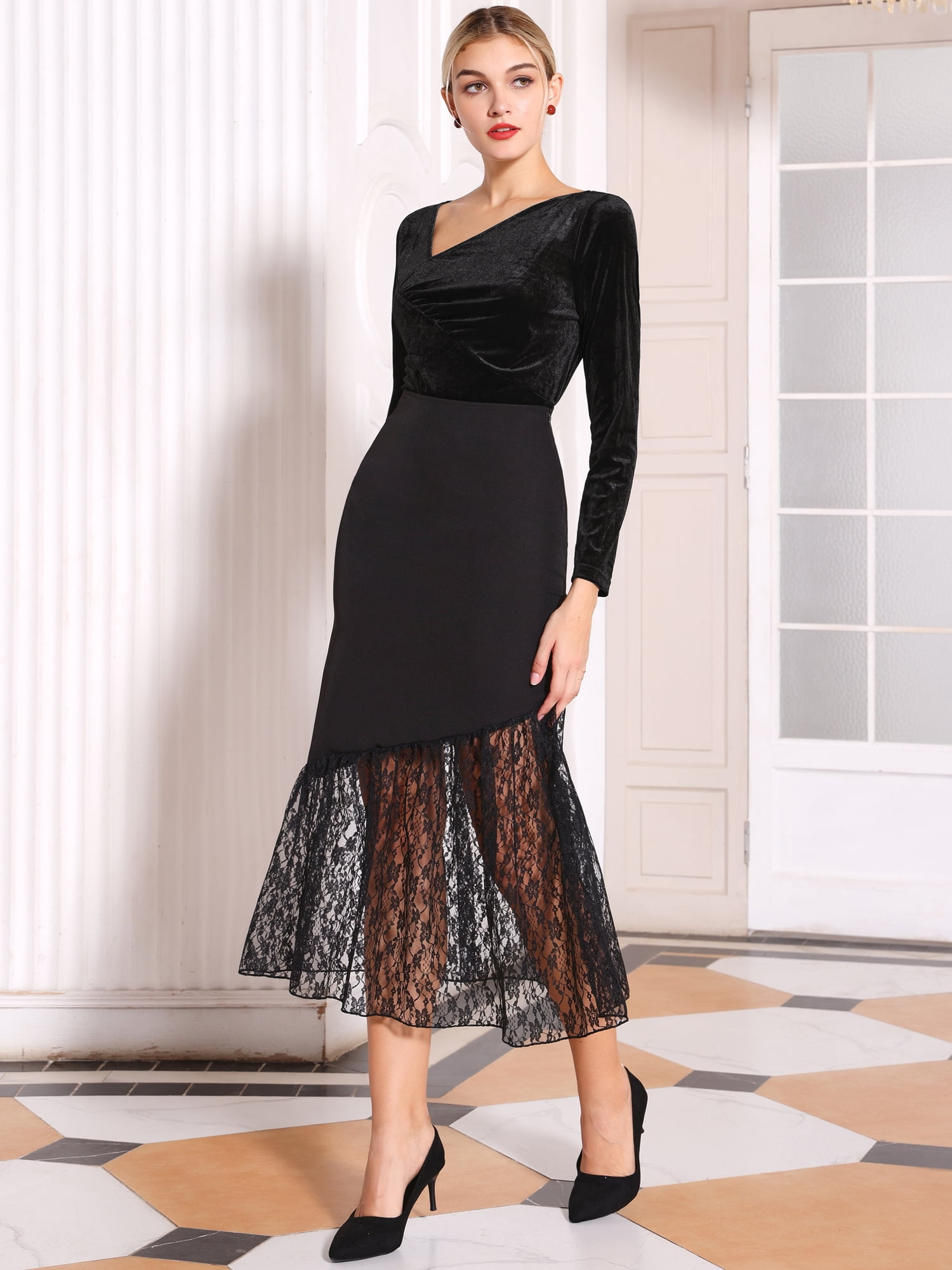 DARING DIVA Women's Asymmetrical Ruched Neck Long Sleeve Velvet Blouse M Black
