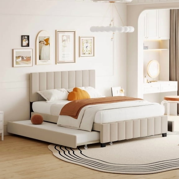 Queen Size Velvet Upholstered Platform Bed with 2 Drawers and Twin XL Trundle, Tufted Headboard Bed Frame with Pull-Out Storage for Guest Room, Beige