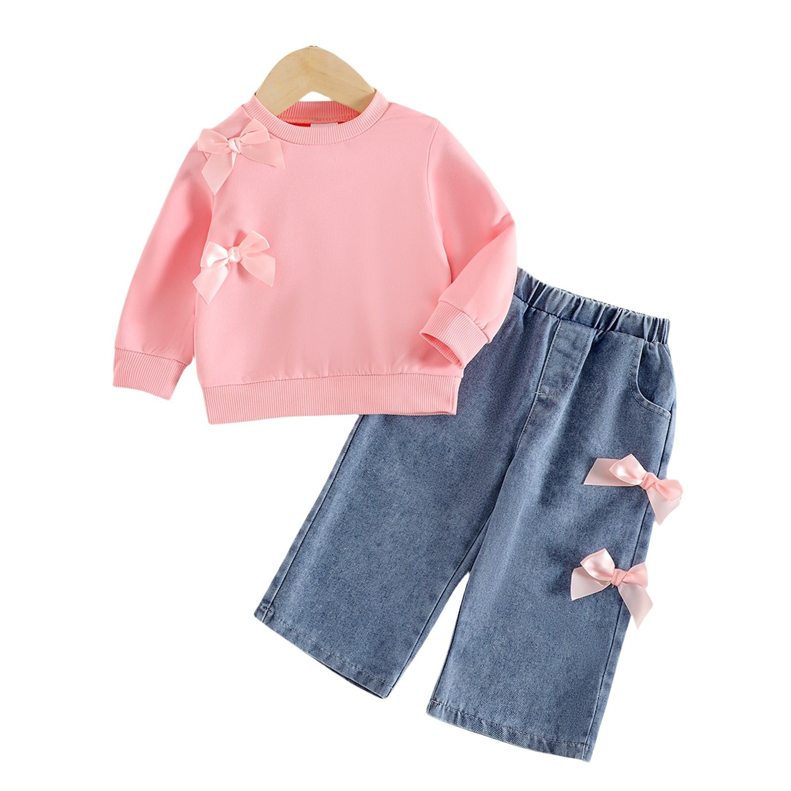UACY Toddler Girl Clothing Set - Bow Crewneck Sweatshirt and Straight Leg Jeans 2 Piece Outfit (Pink 18-24 Months)