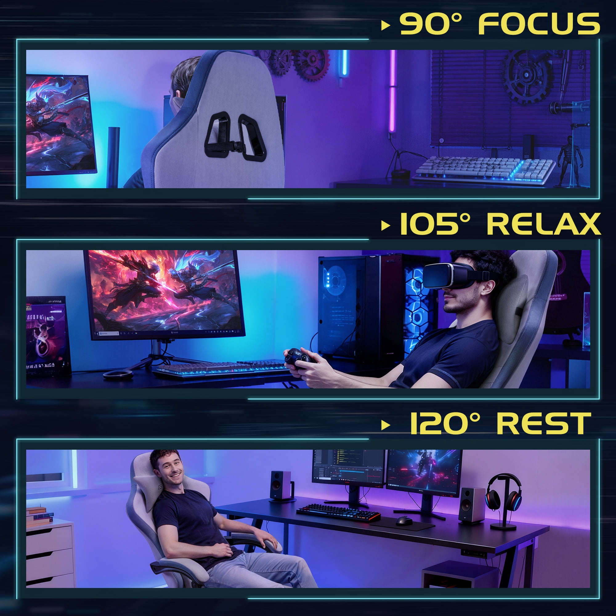 Homall Reclining Gaming Chair Premium Technical Fabric Massage Video Game Chair with Headrest, Lumber Support and Footrest, Gray