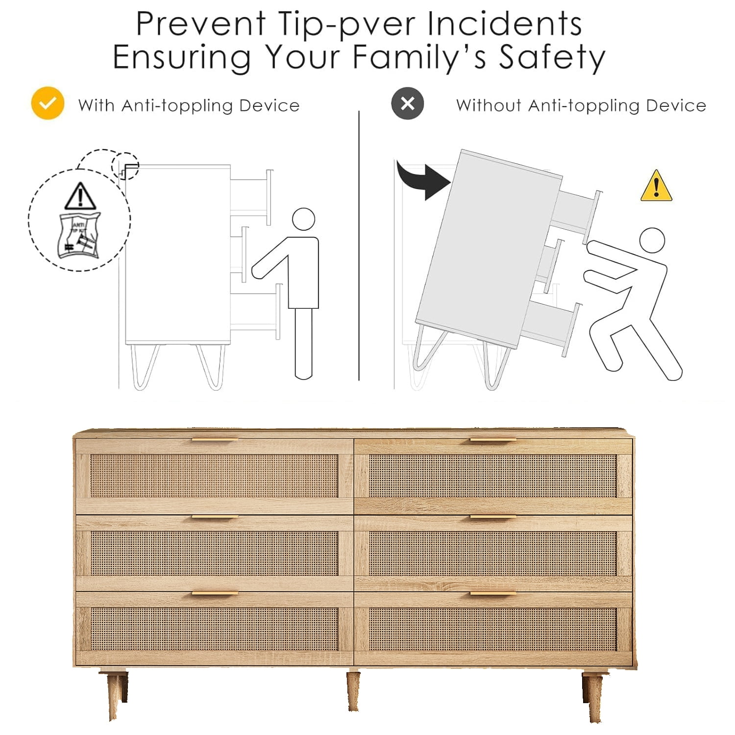Rattan Dresser for Bedroom, Modern 6 Drawer Dresser, Wooden Storage Chest of Drawers for Living Room, Hallway (Natural)