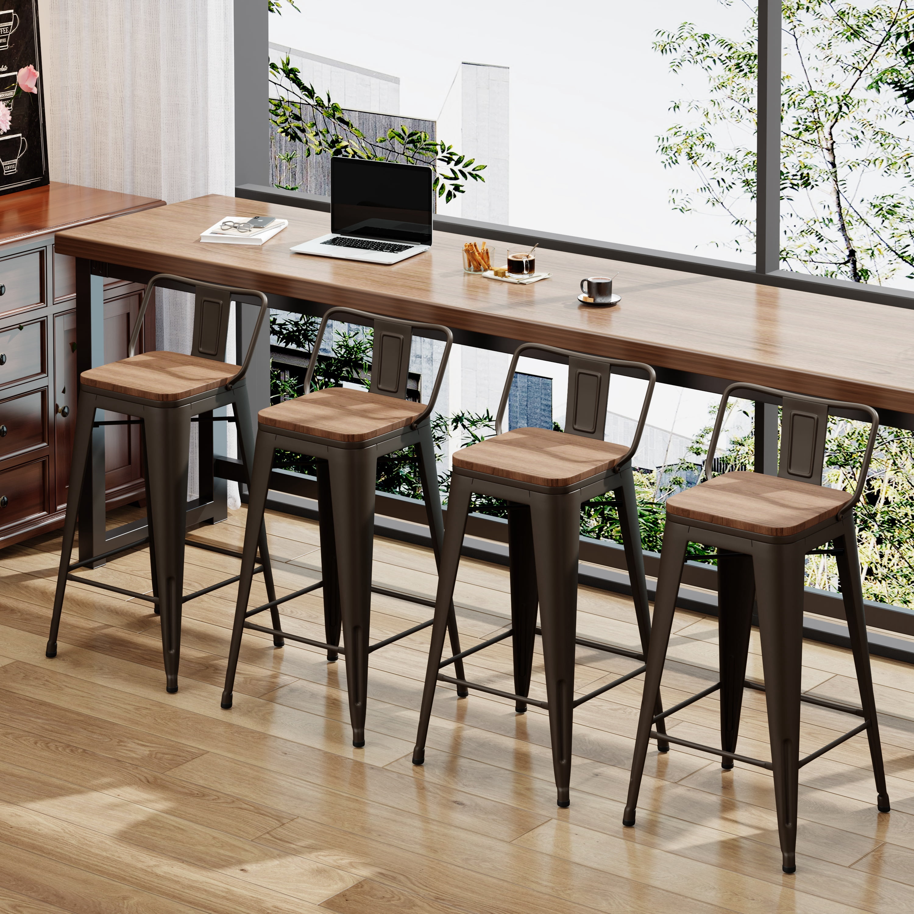 Andeworld 26" Metal Bar Stools Set of 4 Counter Height Stools with Wood Top Low Back Gunmetal