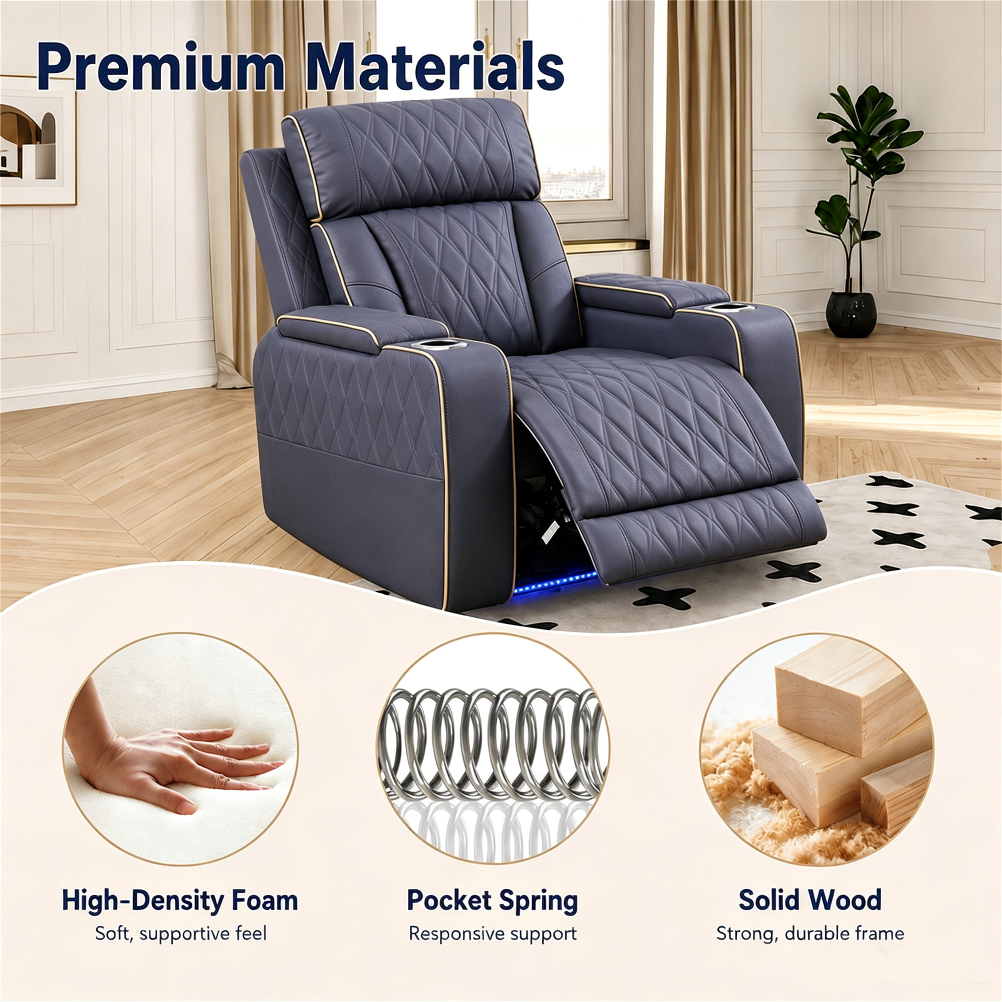 Aukfa Power Recliner RV Sofa with USB, Cup Holders & LED Lighting, Storage Arm, Home Theater Seating for Living Room, PU Leather, Blue Gray