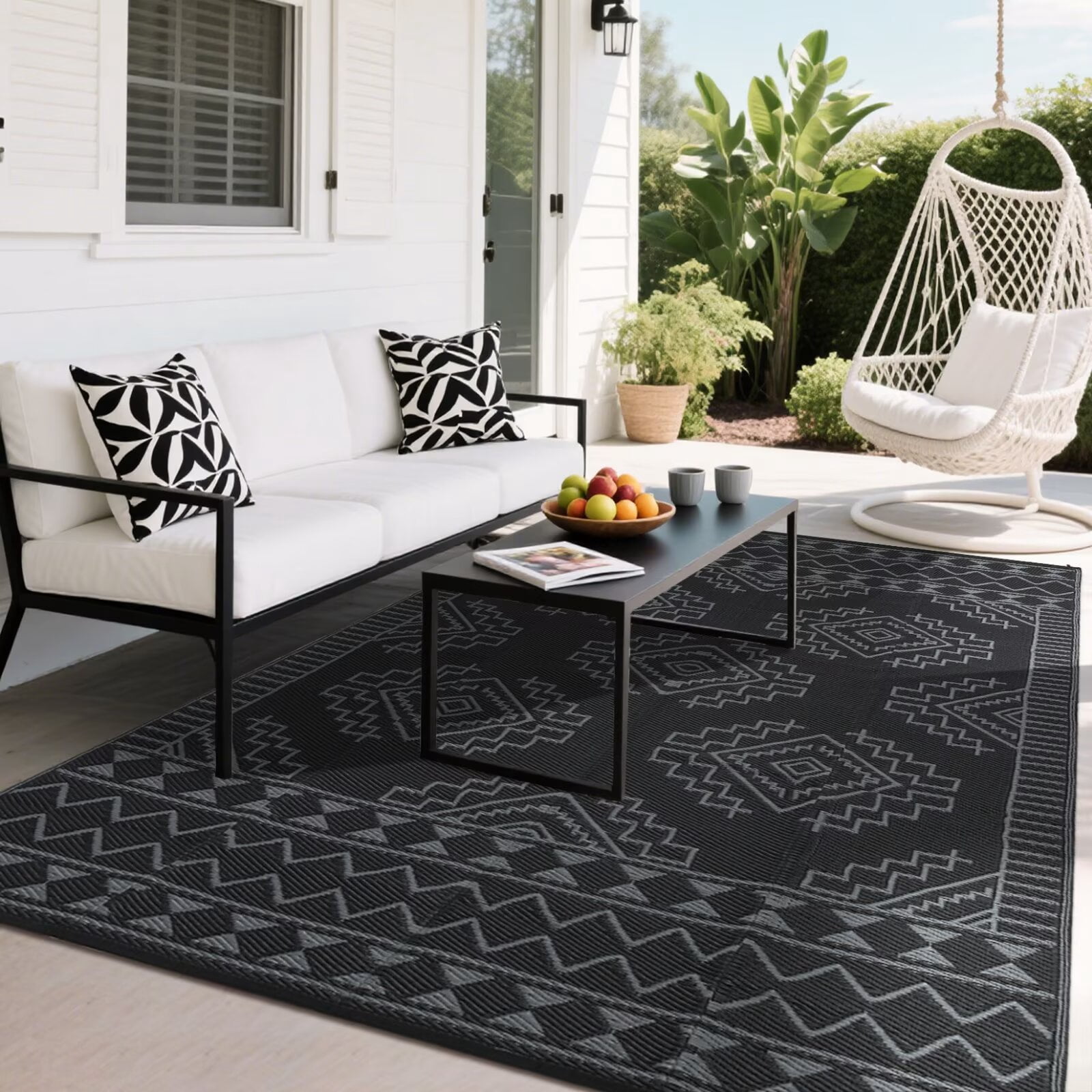 GlowSol 9'x18' Outdoor Rug Boho Geometric Plastic Straw Rug Waterproof Reversible Mat Outdoor Foldable Rug for Camping Patio Picnic, Black Gray