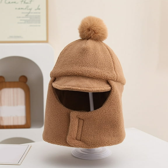 PInxai Kids Hats with Pom Cute Ear Protection Windproof Winter Boys Girls Knitted Hats Solid Color Warm Hats with Neck Warmer,Khaki,Free Size