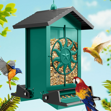 Squirrel Proof Bird Feeder for Outdoors Hanging, Metal Wild Bird Seed Feeder with Bilateral Weight-Activated Perches, 5LB Large Capacity Wild Bird Feeders for Outside Finch, Cardinal, Blue Jay