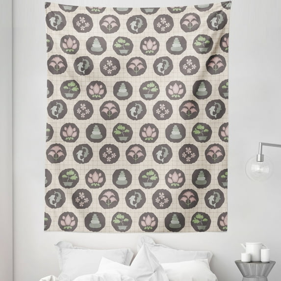 Asian Tapestry, Traditional Japanese Foliage Bonsai Tree Cherry Blossoms Illustration, Fabric Wall Hanging Decor for Bedroom Living Room Dorm, 5 Sizes, Champagne Grey Pink Lilac, by Ambesonne