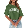 thumbnail image 3 of Blmnix Spring Tops for Women Green Short Sleeve Crop Letter Casual Crew Neck Los Angeles Ladies Tops 2024, 3 of 7