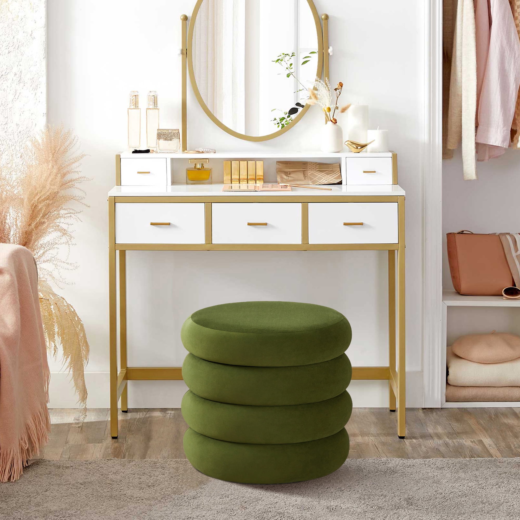 Zesthouse 19.5" Wide Round Storage Ottoman, Velvet Tufted Ottoman Footstool for Living Room Bedroom, Green
