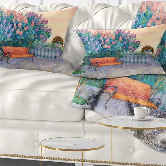 Designart Bench under Flowering Lilac - Landscape Printed Throw Pillow - 12x20