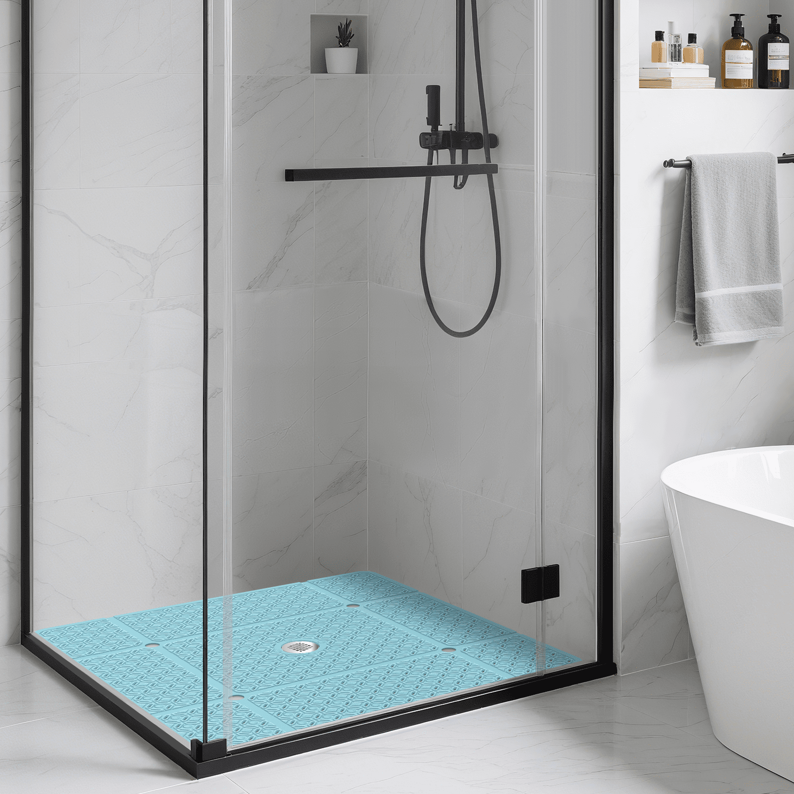 Yolife 27" x 27" Square Shower Mat, Non-Slip TPE Bath Mat with Drain Hole & Suction Cups, Machine Washable Soft Floor Mat for Tub or Stall,Blue