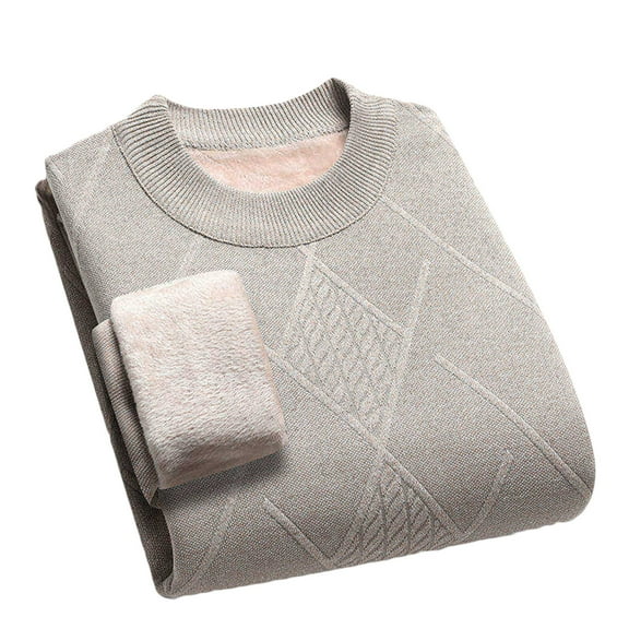 Men's Fleece Lined Sweaters Long Sleeve Crewneck Sweater Warm Thickened Base Layer for Winter Beige-1 4XL