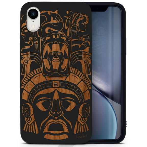 Wood phone case for iPhone XR compatible protective cell phone cover shockproof slim fit laser engraved Tribal Mayan Mask design Black wood case for Men & Women by CaseYard