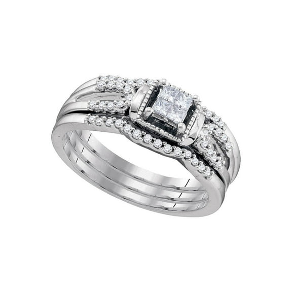 10kt White Gold Princess Diamond 3-Piece Bridal Wedding Ring Band Set 1/4 Cttw