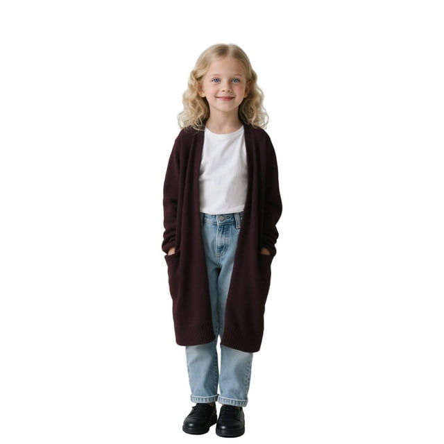 Cardigans for Girls Long Sleeve Mid Length Cardigan Sweaters Kids Oversized Open Front Knit Outerwear with Pockets, Kids Fall Knitwear, Coffee, 7-8 Years