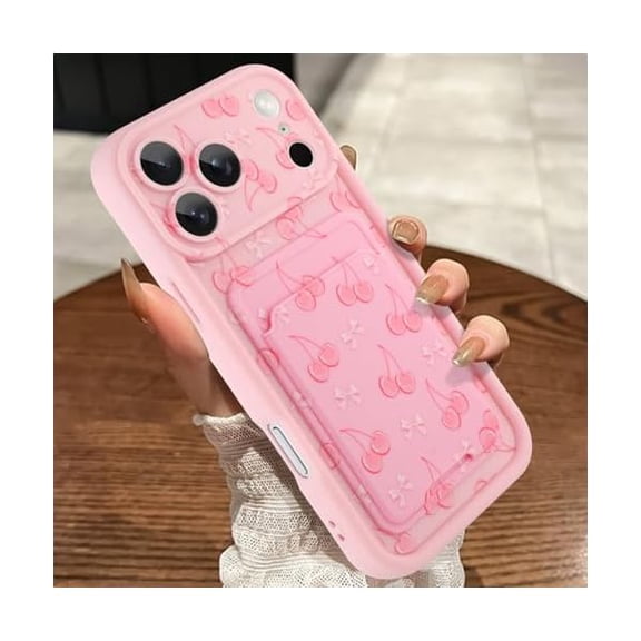 YJJSKEJI Compatible with iPhone 17 Pro Case with Card Holder, Bow Cherry Shockproof Soft TPU Protective Cover Women Girls, Anti Scratch Wallet Case for iPhone 17 Pro 6.3 Inch, Pink