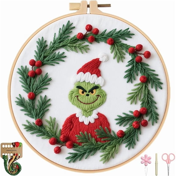 Christmas Embroidery Kit, Embroidery DIY Starter Set, Cross Stitch Kits with Pre-Printed Embroidery Fabric, Hoops, Step-by-Step Instructions, Color Threads & Needles
