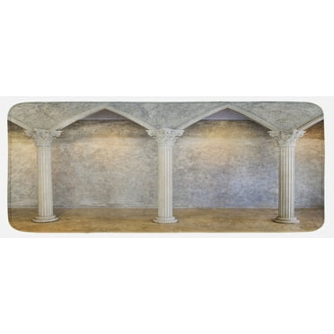 Pillar Kitchen Mat, Antique Theme Classic Interior with Columns Digital Image Print, Plush Decorative Kitchen Mat with Non Slip Backing, 47" X 19", Coconut Sand Brown, by Ambesonne