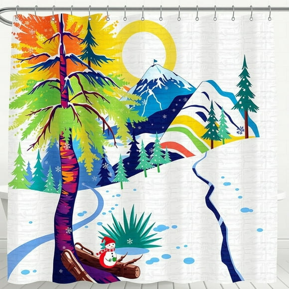 Whimsical Winter Scene Shower Curtain - Colorful Tree, Snowman & Mountains - Bright Blue & White Palette