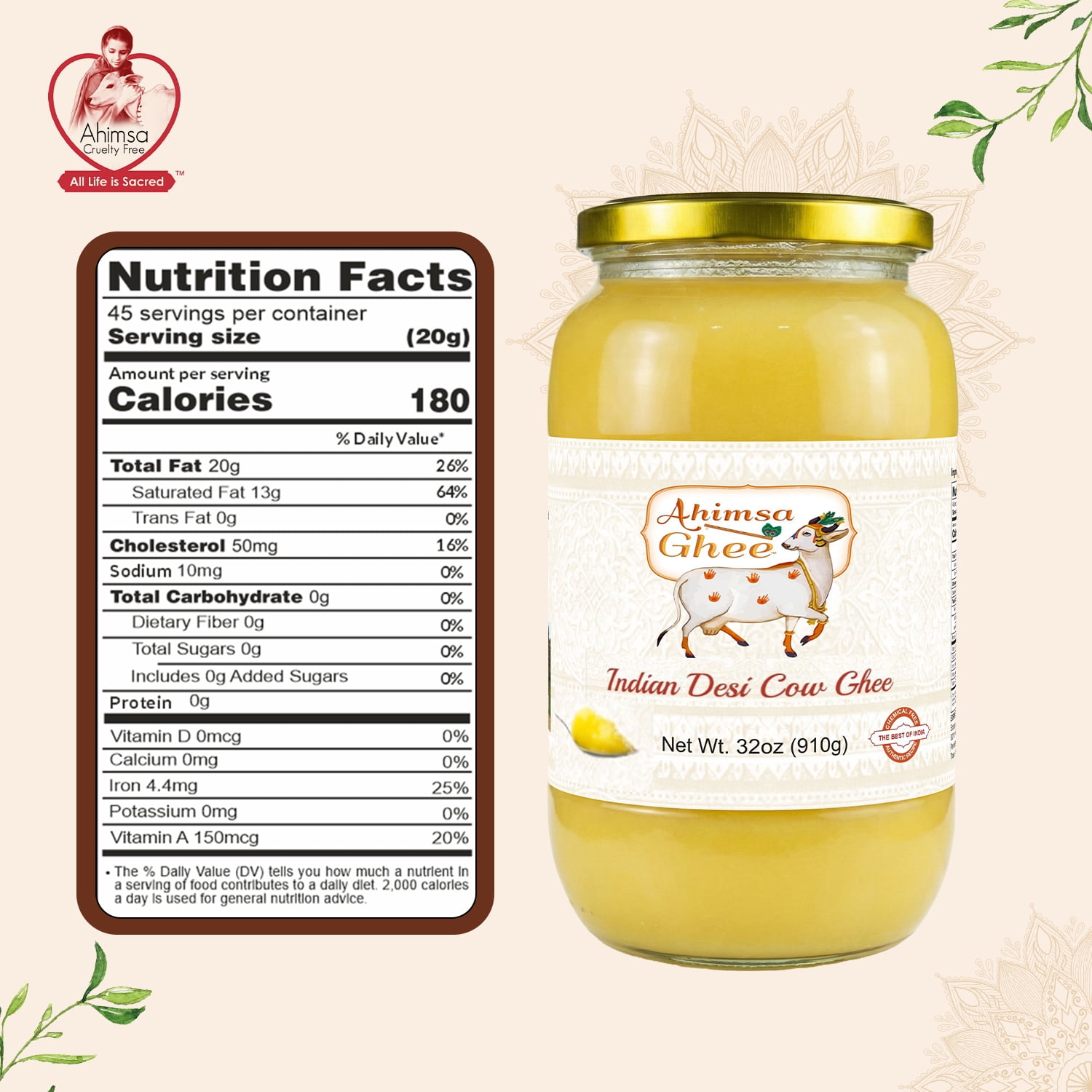 Ahimsa Ghee - Pure Indian Desi Cow Yogurt Based Cultured A2 Ghee - 32 oz (910 gm)