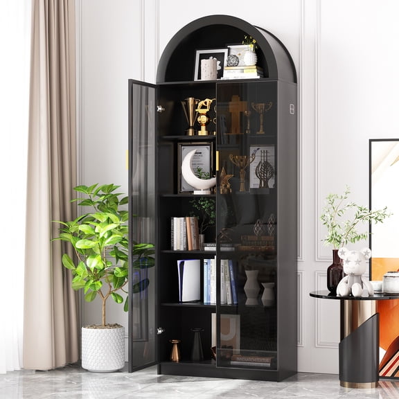VKCC 69.7" LED Arched Display Cabinet with Door, Modern Curio Book Case with Storage for Living Room Office, Black