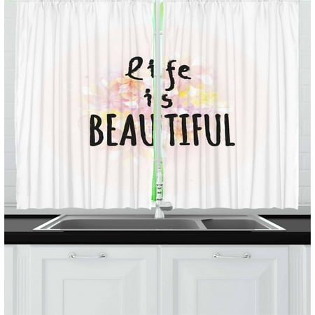 Quote Curtains 2 Panels Set, Handwritten Font of Life is Beautiful Saying with Silhouette Floral Petals Background, Window Drapes for Living Room Bedroom, 55W X 39L Inches, Multicolor, by